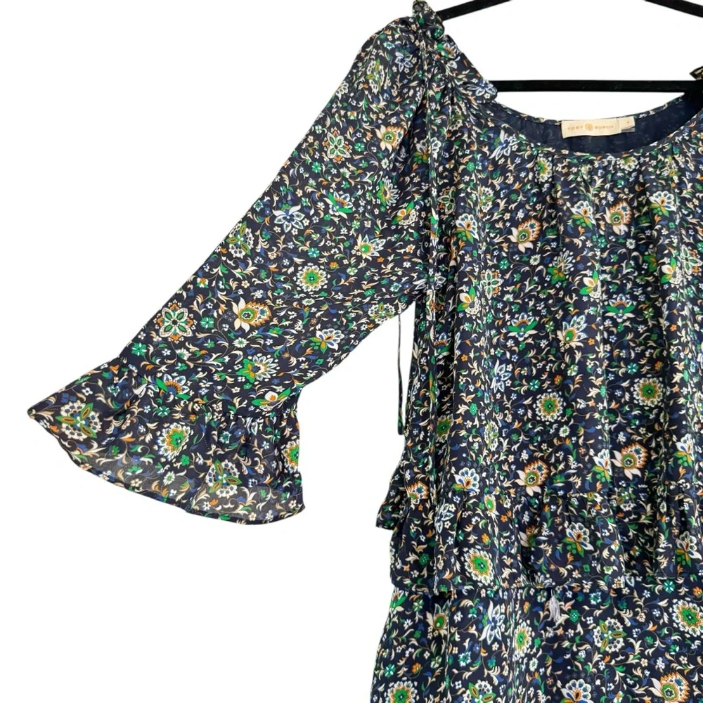Tory Burch Navy Blue Flora Ruffle Womens Mini Dress Size 4 - Picture 5 of 15